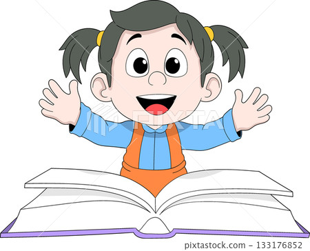 Girl Inviting to Read on Big Open Book Education Cartoon Vector Illustration 133176852