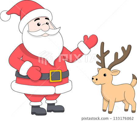Santa Claus with Reindeer in Winter Outfit Christmas Celebration Cartoon Vector Illustration Santa Claus with Reindeer in Winter Outfit Christmas Celebration Cartoon Vector Illustration 133176862