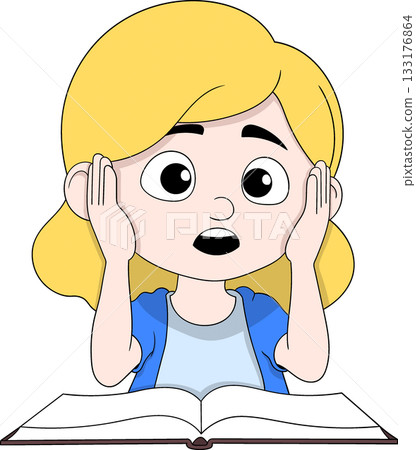 Surprised Girl Reading Book  Education and Emotion Cartoon Vector Illustration 133176864