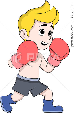 Cartoon Boy Boxing in Attack Stance 133176866