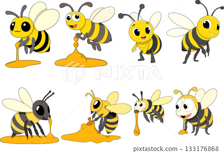 Cute Cartoon Bees Playing with Honey Cute Cartoon Bees Playing with Honey 133176868