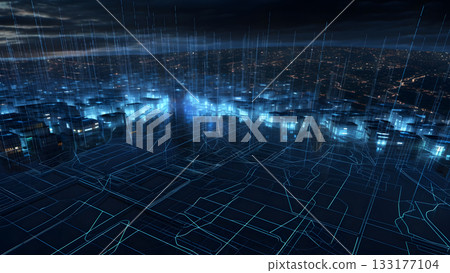 abstract graphical digital data on dark background, neural network generated image 133177104