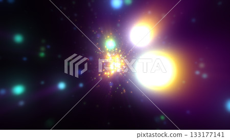 Vibrant glowing core of multicolored light particles radiating from deep space background 133177141