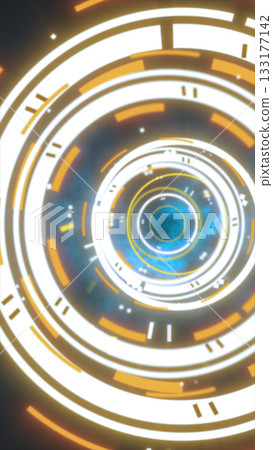 Abstract glowing circular digital interface with bright white and yellow rings, symbolizing technology, data, and time 133177142