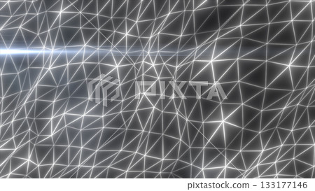 Metallic silver digital mesh grid illuminated by bright white light lines in an abstract geometric pattern, isolated on white background Metallic silver digital mesh grid illuminated by bright white light lines in an abstract geometric pattern, isolated on white background 133177146