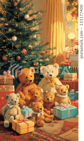 Cute teddy bears sit around a beautifully decorated Christmas tree surrounded by colorful presents 133177400