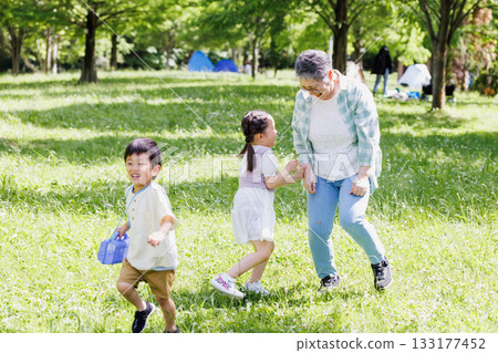 Grandma playing with her grandchildren in a park with fresh greenery 133177452