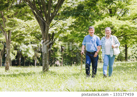 一對老年夫婦在綠樹成蔭的環境中散步 一對老年夫婦在綠樹成蔭的環境中散步 133177459