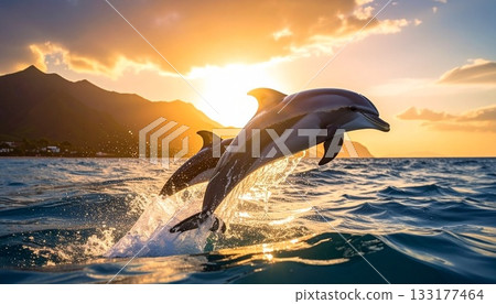 Dolphins leaping against the backdrop of the setting sun 3 Dolphins leaping against the backdrop of the setting sun 3 133177464