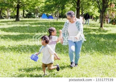 Grandma playing with her grandchildren in a park with fresh greenery 133177539
