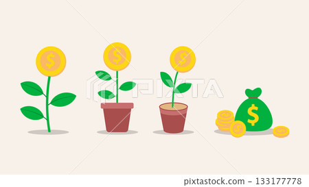 Money Growth Concept with Coin Plants and Savings Bag Flat Illustration. 133177778