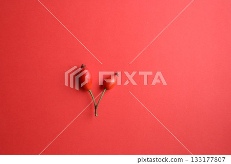 Fresh rosehip berries on a red background. 133177807