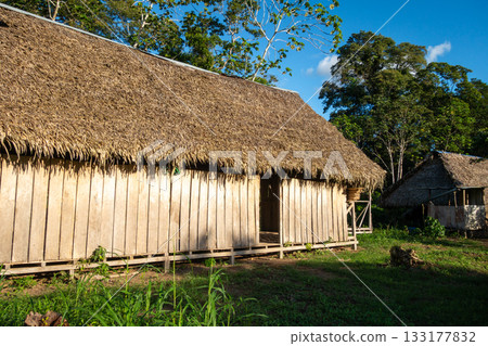 Traditional hut in Siona indigenous village, Cuyabeno Reserve, Amazonia, Ecuador 133177832