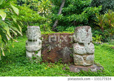 Ancient tikis guarding the queen's tomb in Puamau, Hiva Oa, Marquesas Islands, French Polynesia 133177834
