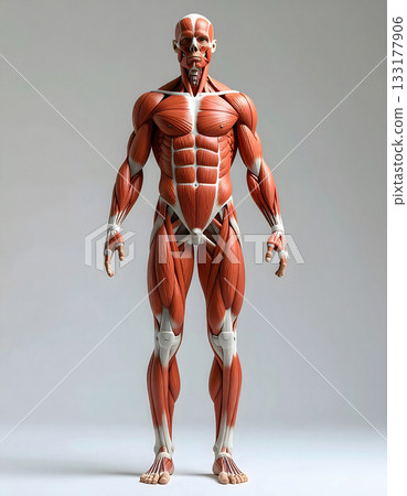 Human body muscles front anatomy detailed scientific illustration 133177906