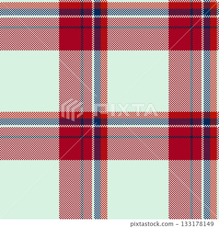 Classic pixelated tartan pattern in red, blue, and beige. Traditional textile design for background, texture, or fabric. Perfect for fashion or graphic projects. 133178149