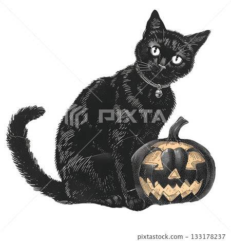 Vintage illustration of a black cat with pumpkin for Halloween Vintage illustration of a black cat with pumpkin for Halloween 133178237