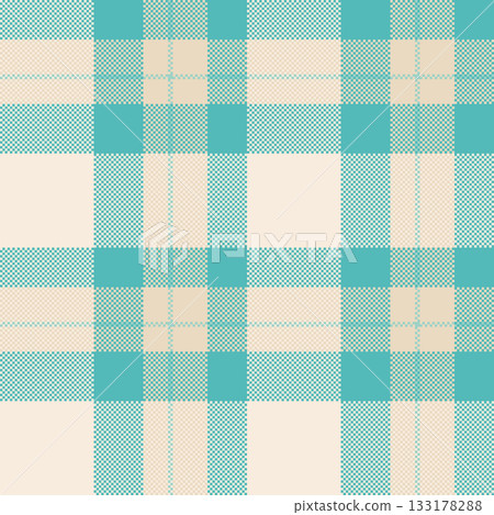 Classic plaid pattern with calming, soft teal and cream hues. Versatile for backgrounds, textiles, or graphic design. Evokes comfort and timeless style. 133178288