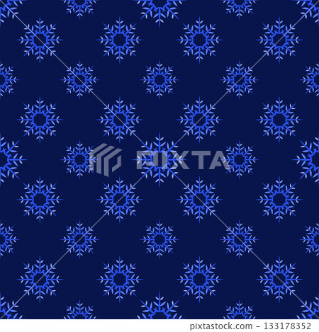 Dark blue background of snowflakes. Winter ornate seamless pattern of stars. Magical Christmas ornament in shades of blue. Classic Christmas decor of snowflakes with eight rays 133178352
