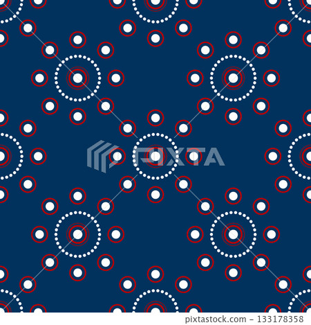 Red, white circular motifs on dark blue background. Simple seamless pattern of floral elements. Ornament of repeating circles. Floral geometry folk ornament for holiday decor. 133178358