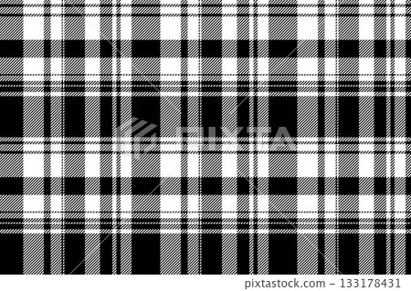 Scrapbooking check vector texture, fold fabric textile pattern. Strong seamless tartan plaid background in black and white colors. Scrapbooking check vector texture, fold fabric textile pattern. Strong seamless tartan plaid background in black and white colors. 133178431