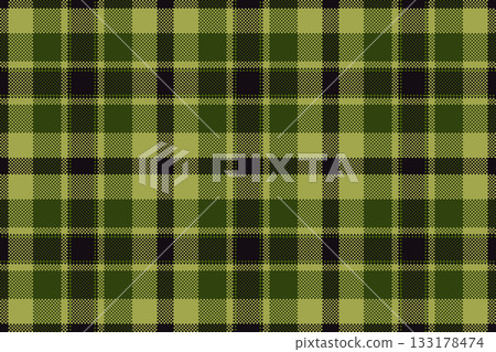 Classic tartan pixel pattern in green tones. Great for backgrounds, apparel, or digital design. Evokes warmth and rustic style. Versatile, seamless graphic. 133178474