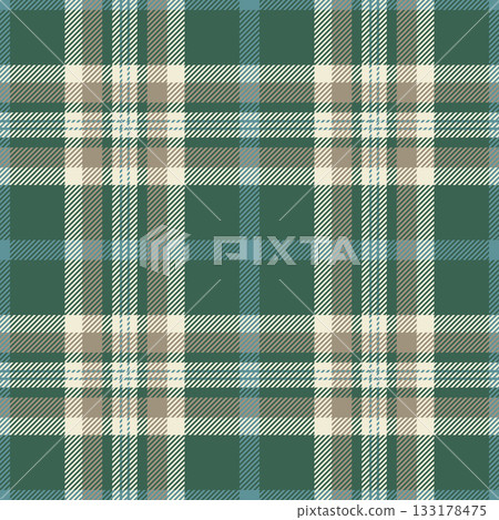 Classic plaid pattern in green, beige, and blue hues. Seamless design evokes tradition and comfort. Ideal for backgrounds, textiles, and creative projects. 133178475