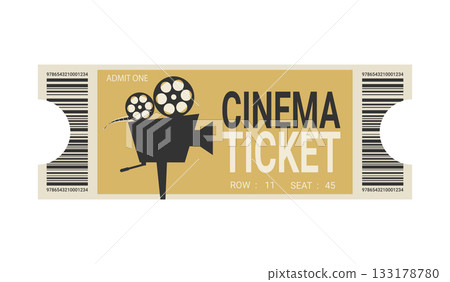 Retro cinema ticket template with old movie camera silhouette. Cinema ticket design. Vector illustration 133178780