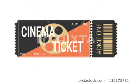 Cinema ticket template with film reel silhouette. Minimalist cinema ticket design. Vector illustration 133178781