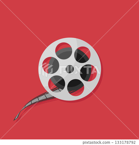 Unwind film reel icon on red background. Filmmaking equipment icon. Cinema symbol. Vector illustration Unwind film reel icon on red background. Filmmaking equipment icon. Cinema symbol. Vector illustration 133178792