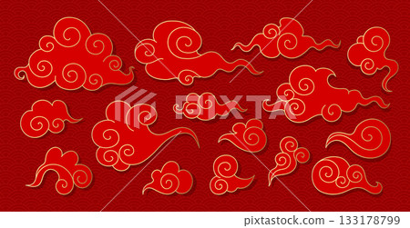 Set of red and golden Asian swirl clouds. Hand drawn celestial doodle clouds on wave pattern background. Vector illustration Set of red and golden Asian swirl clouds. Hand drawn celestial doodle clouds on wave pattern background. Vector illustration 133178799