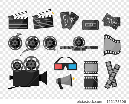 Video camera, various film reels and filmstrips, clapperboards, loudspeaker, 3d glasses and movie tickets. Vector collection of Cinema movie icons. Video camera, various film reels and filmstrips, clapperboards, loudspeaker, 3d glasses and movie tickets. Vector collection of Cinema movie icons. 133178806