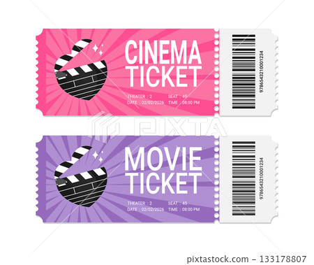 Modern movie and cinema ticket design with heart shaped clapperboard, film slate. Cinema ticket design with barcode. Vector illustration Modern movie and cinema ticket design with heart shaped clapperboard, film slate. Cinema ticket design with barcode. Vector illustration 133178807