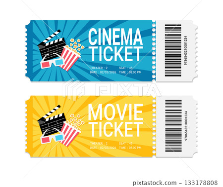 Modern movie and cinema ticket design decorated with clapperboard, popcorn bucket and 3d glasses. Cinema ticket design with barcode Modern movie and cinema ticket design decorated with clapperboard, popcorn bucket and 3d glasses. Cinema ticket design with barcode 133178808