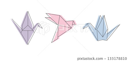 Set of origami birds. Folded paper birds. Origami dove and crane icon symbols. Vector illustration Set of origami birds. Folded paper birds. Origami dove and crane icon symbols. Vector illustration 133178810