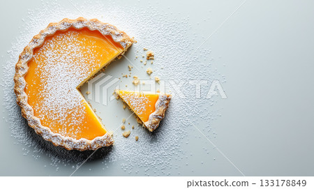 Top view of orange pie with a slice cut out and dusted with powdered sugar, on light gray background with space for text. Banner for dessert, bakery, cafe menu, or promotion Top view of orange pie with a slice cut out and dusted with powdered sugar, on light gray background with space for text. Banner for dessert, bakery, cafe menu, or promotion 133178849