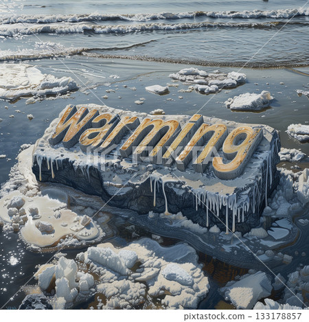 Ice block with word "Warming" on water. Concept of global warming, melting glaciers and sea-level rise 133178857