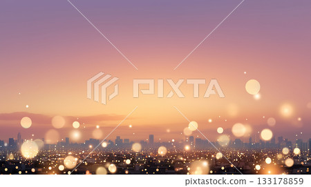 Magical cityscape at dusk with golden bokeh lights and vibrant sky for artistic background, travel and holidays theme 133178859
