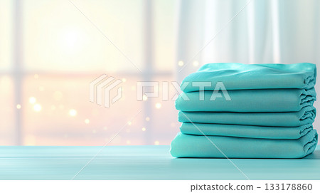 Stack of teal fabric sheets on table with soft morning light and bokeh effect Stack of teal fabric sheets on table with soft morning light and bokeh effect 133178860