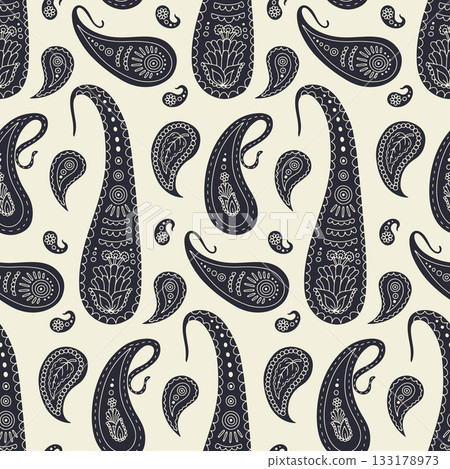 Hand drawn black and cream intricate Paisley silhouette seamless pattern on bright background 133178973