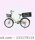 side view antique cream and brown color bicycle and black front grill and black plastic crate on white and purple background, decor, object, fashion, transporation, copy space 133179119