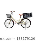 side view antique cream and brown color bicycle and black front grill and black plastic crate on white background, decor, object, fashion, transporation, copy space 133179120