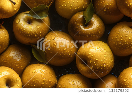 Fresh golden apples with water drops seamless closeup background and texture, neural network generated image 133179202
