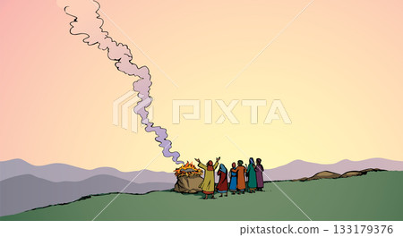 Vector drawing. Noah Offers a Sacrifice to God 133179376