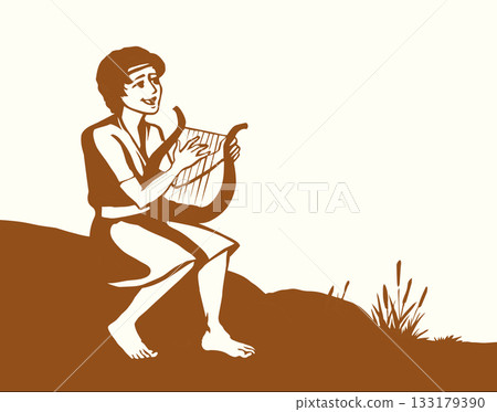 Vector drawing. Guy playing the harp 133179390