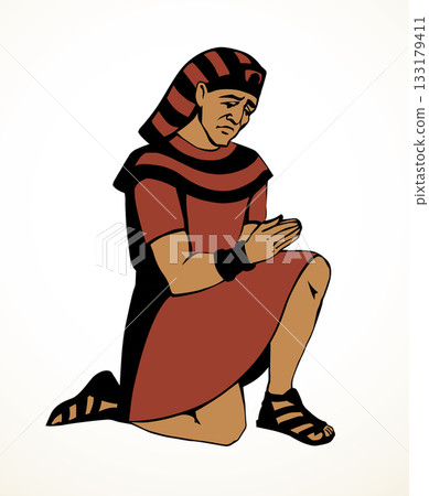 Vector drawing. Egyptian man bow in praying Vector drawing. Egyptian man bow in praying 133179411