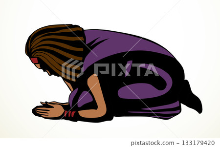 Vector drawing. Egyptian girl bow in praying Vector drawing. Egyptian girl bow in praying 133179420