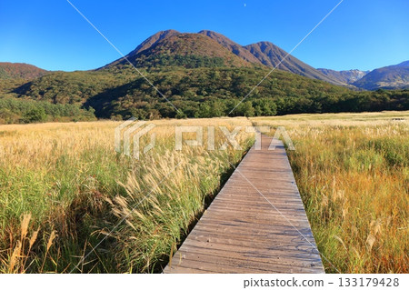 [Oita Prefecture] Tadewara Marsh and the autumn foliage of the Kuju Mountains as seen from Chojabara Park 133179428