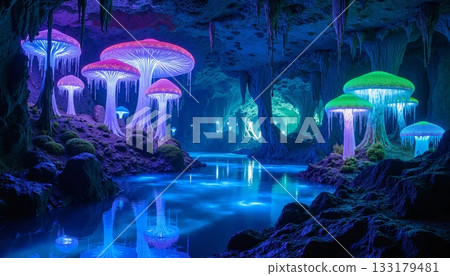 The image shows a cave illuminated by bright, bioluminescent mushrooms 133179481