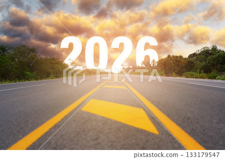 Long road leading toward bright horizon with large number 2026, symbolizing new year, and future journey. Perfect  concepts of goal setting, vision, achievement, progress, and new beginnings. 133179547
